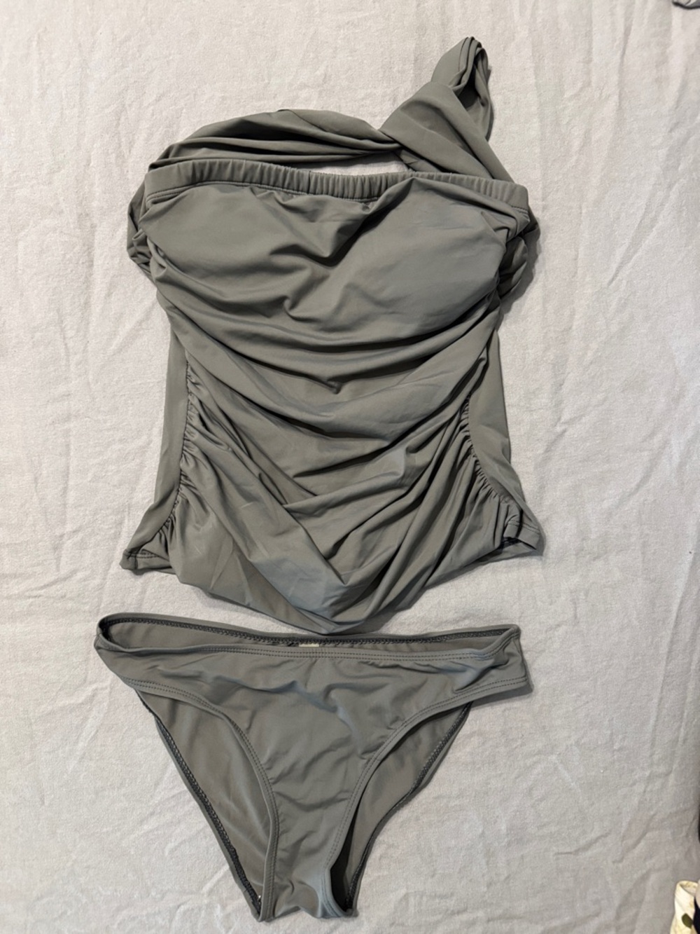 Women's One-Shoulder Ruched Tankini Swimsuit - Gray